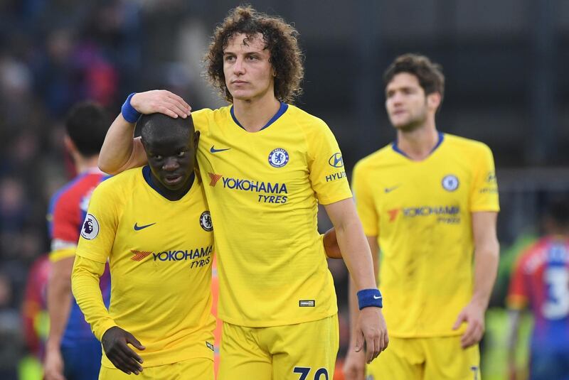epa07254144 Chelsea's N'Golo Kante (L) and Chelsea's David Luiz (R) react after the English Premier League soccer match between Crystal Palace v Chelsea at Selhurst Park in London, Britain, 30 December 2018.  EPA/FACUNDO ARRIZABALAGA EDITORIAL USE ONLY. No use with unauthorized audio, video, data, fixture lists, club/league logos or 'live' services. Online in-match use limited to 120 images, no video emulation. No use in betting, games or single club/league/player publications.