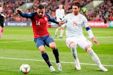 Sergio Ramos, right, became Spain's all-time appearance maker against Norway on Saturday. AFP