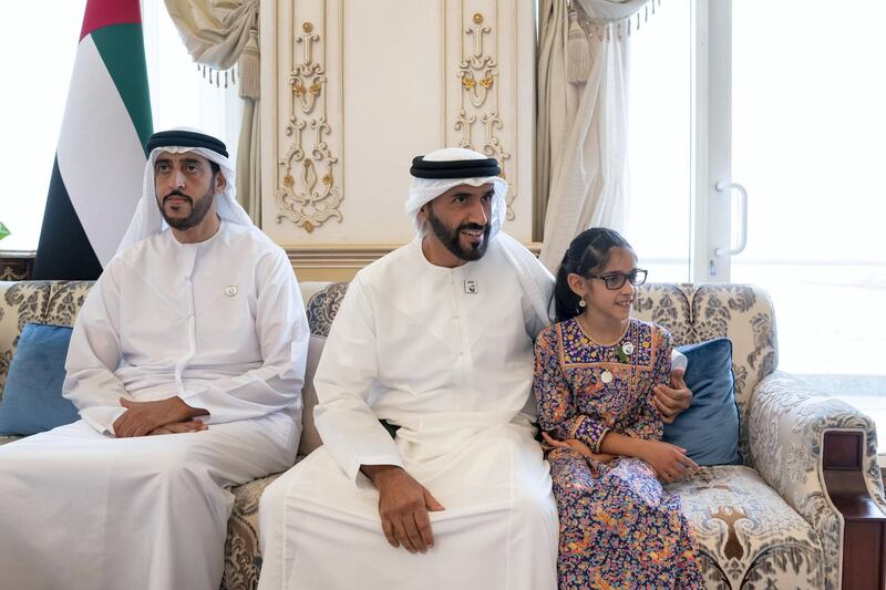 ABU DHABI, UNITED ARAB EMIRATES - October 07, 2019: (L-R) HH Sheikh Rashid bin Saud bin Rashid Al Mu'alla, Crown Prince of Umm Al Quwain, HH Sheikh Nahyan Bin Zayed Al Nahyan, Chairman of the Board of Trustees of Zayed bin Sultan Al Nahyan Charitable and Humanitarian Foundation and HH Sheikha Shamma bint Khaled bin Mohamed bin Zayed Al Nahyan, attend a Sea Palace barza.

( Mohamed Al Hammadi / Ministry of Presidential Affairs )
---