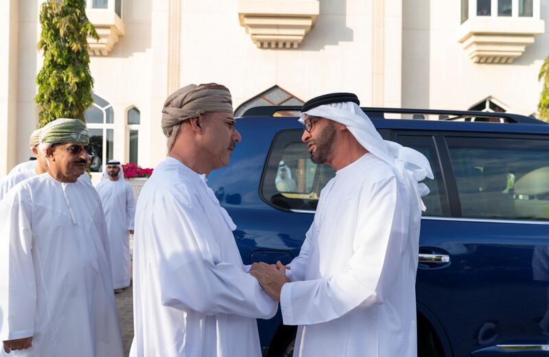 MUSCAT, OMAN - December 12, 2019: HH Sheikh Mohamed bin Zayed Al Nahyan, Crown Prince of Abu Dhabi and Deputy Supreme Commander of the UAE Armed Forces (R), offers condolences on the death of Muhammad Abdullah bin Ali Al Araimi. 

( Mohamed Al Hammadi / Ministry of Presidential Affairs )
---