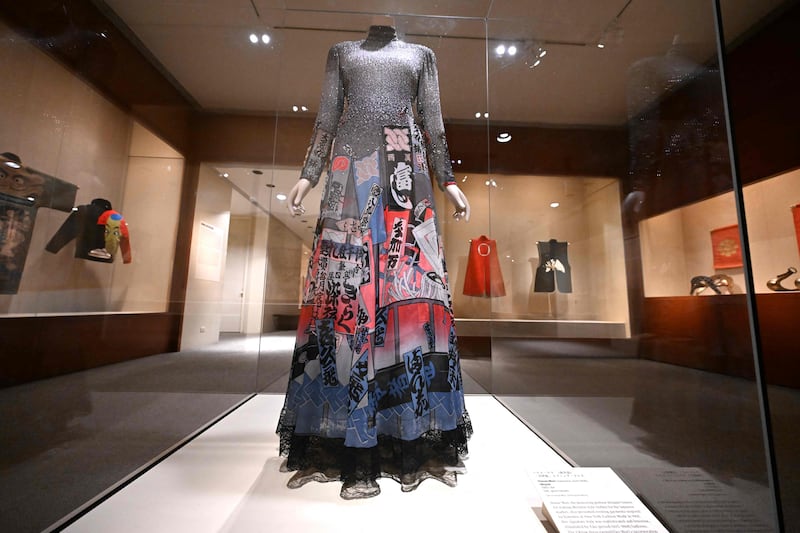 A dress by Hanae Mori in kimono style at The Metropolitan Museum of Art in New York in June 2022. The exhibition traces the evolution of the kimono from the late Edo period to the present day. AFP