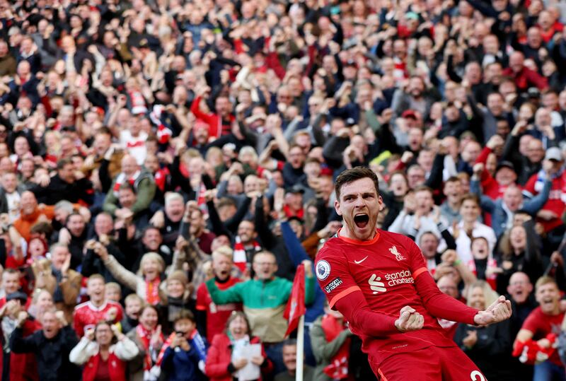 Liverpool's Andrew Robertson celebrates scoring the first goal in the 2-0 victory over Everton at Anfield on Sunday, April 24, 2022. Reuters