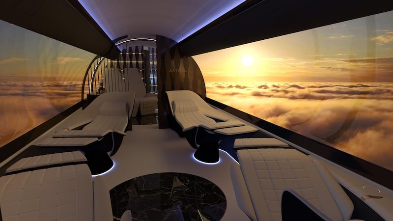 Floor-to-ceiling screens project clouds as passengers travel through the sky. Courtesy Yasava