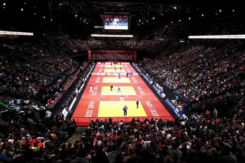 Fighters in action at the Paris Grand Slam judo tournament, on Sunday, February 9. EPA