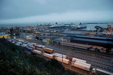 Lorries wait to board ferries at Dover on the morning after Brexit in February. AP