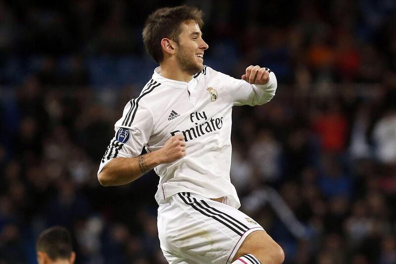 Real Madrid's Alvaro Medran celebrates after his goal in Madrid's 4-1 win over Ludogorets on Tuesday in the Champions League. Juan Carlos Hidalgo / EPA / December 9, 2014