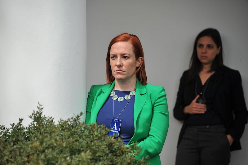 (FILES) In this file photo taken on April 02, 2015 White House Communications Director Jen Psaki listens to US President Barack Obama makes a statement at the White House in Washington, DC, after a deal was reached on Iran's nuclear program.  US President-elect Joe Biden on Sunday announced an all-female senior White House communications team, what his office called a first in the country's history. Among those named was Jen Psaki, who will serve in the highly visible role of White House press secretary. Psaki, 41, has held a number of senior positions, including White House communications director for the Barack Obama-Biden administration.
 / AFP / Nicholas KAMM
