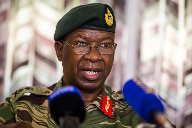 Zimbabwe National Army Commander Lieutenant-General Philip Valerio Sibanda is pictured after a press briefing to announce the end of "Operation Restore Legacy" handing over all policing duties to the police, on December 18, 2017 in Harare.  / AFP PHOTO / Jekesai NJIKIZANA