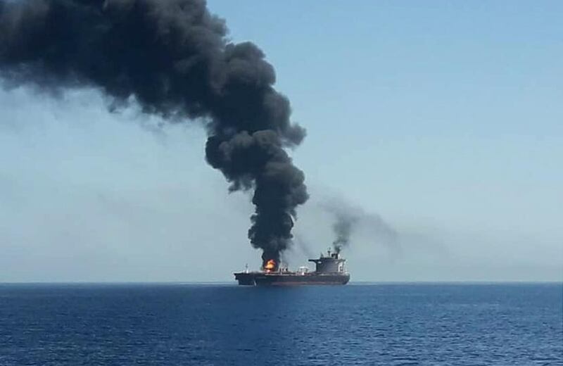 epa07645239 A handout photo made available by Iran's official state TV (IRIB) allegedly shows the crude oil tanker Front Altair on fire in the Gulf of Oman, 13 June 2019. According to the Norwegian Maritime Authority, the Front Altair is currently on fire in the Gulf of Oman after allegedly being attacked and in the early morning of 13 June between the UAE and Iran.  EPA/IRIB NEWS HANDOUT BEST QUALITY AVAILABLE. MANDATORY CREDIT. HANDOUT EDITORIAL USE ONLY/NO SALES