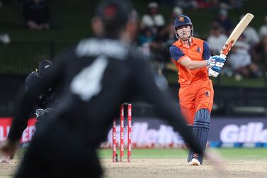The Netherlands' Bas de Leede plays a shot during the third one-day international (ODI) cricket match between New Zealand and Netherlands at Seddon Park in Hamilton on April 4, 2022.  (Photo by Michael Bradley  /  AFP)