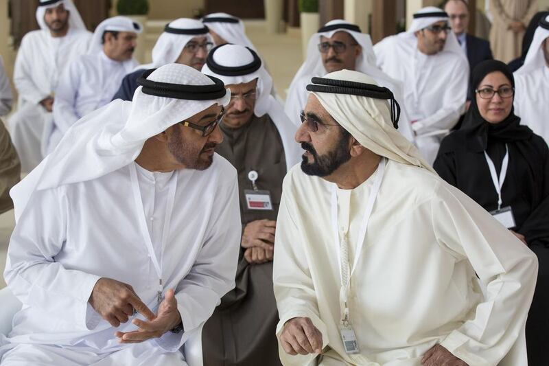 Sheikh Mohammed bin Rashid, Vice President and Ruler of Dubai, talks with Sheikh Mohammed bin Zayed, Crown Prince of Abu Dhabi and Deputy Supreme Commander of the Armed Forces, during the ministerial retreat at Bab Al Shams Desert Resort in Dubai. Crown Prince’s Court 