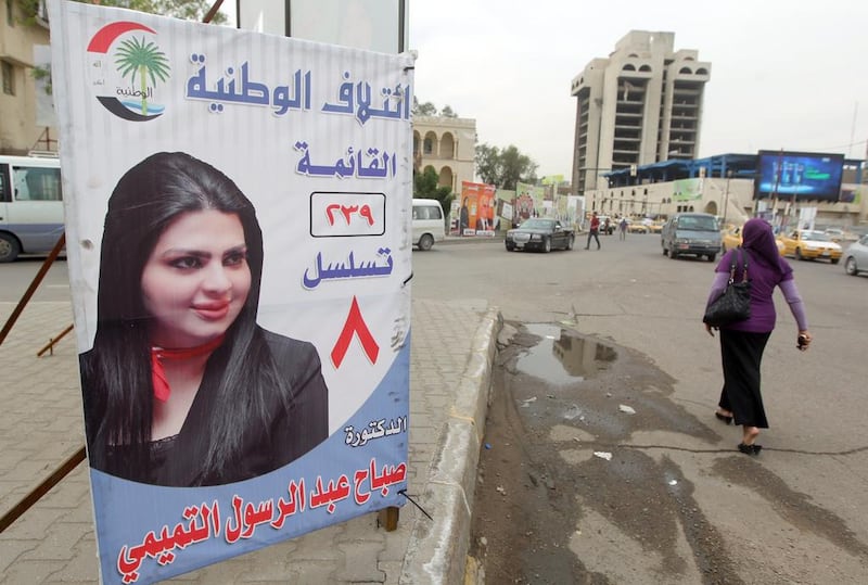 A campaign banner shows the parliamentary candidate Sabah abed Al Rasul Al Tamimi in Baghdad. With fears that women’s rights are being eroded in Iraq, prospective female lawmakers are determined to push women’s issues to the fore of campaigning for this month’s elections. Ahmad Al Rubaye / AFP / April 15, 2014

