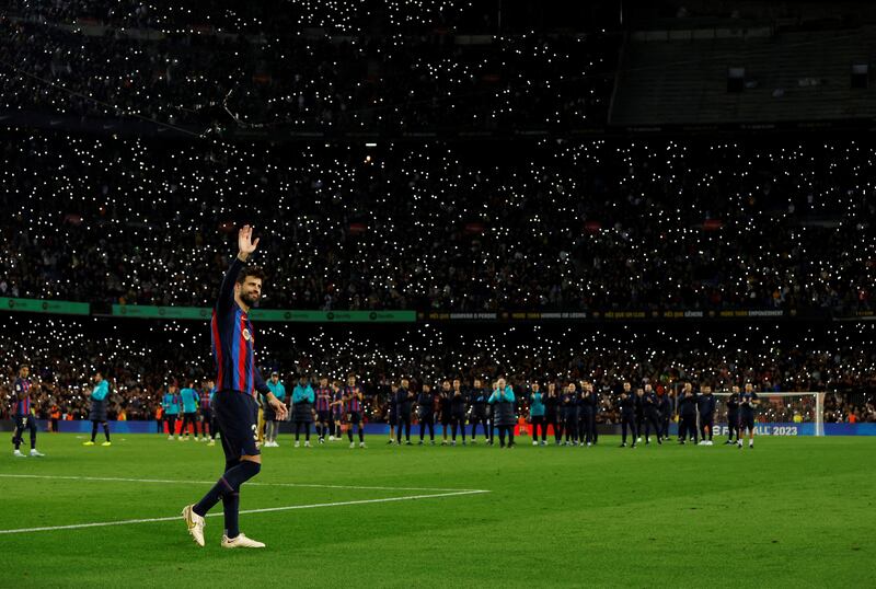 Gerard Pique waves to fans after playing his last home game for FC Barcelona. Reuters