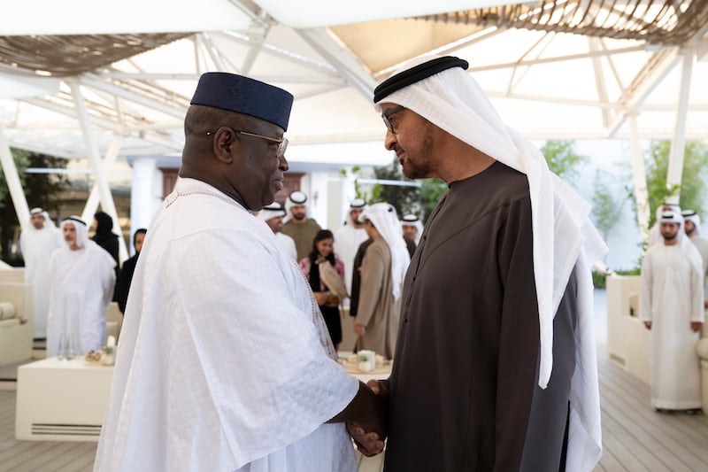 President Sheikh Mohamed receives President Julius Maada Bio of Sierra Leone, at Qasr Al Bahr.  Abdulla Al Bedwawi / UAE Presidential Court 