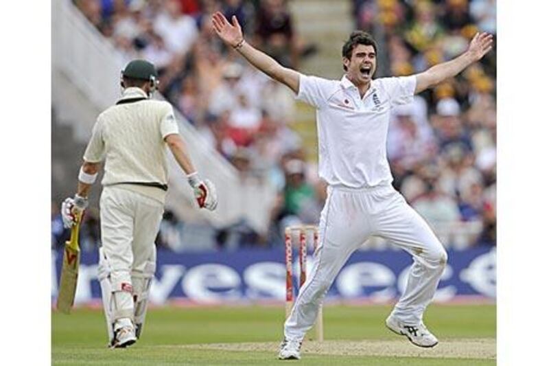 England paceman James Anderson celebrates dismissing the Australian batsman Michael Clarke on the second day of the third Ashes Test at Edgbaston.