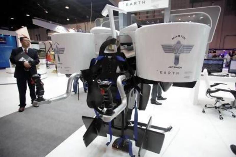 The Martin Jetpack, developed with UAE institutions, at the Idex. It can travel at 100kph and reach heights of 1,500 metres. Sammy Dallal / The National