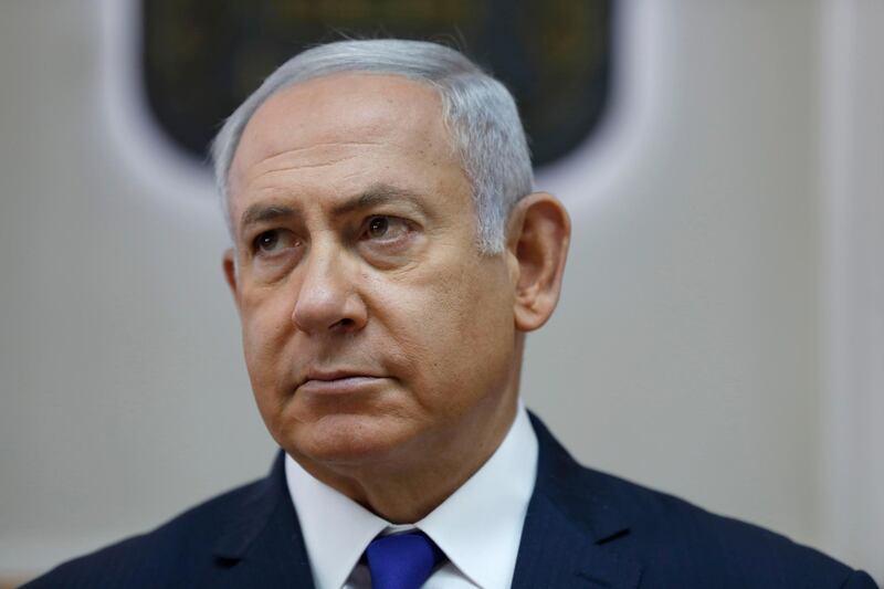 Israeli Prime Minister Benjamin Netanyahu attends the weekly cabinet meeting at the Prime Minister's office in Jerusalem on October 7, 2018.  / AFP / POOL / ABIR SULTAN

