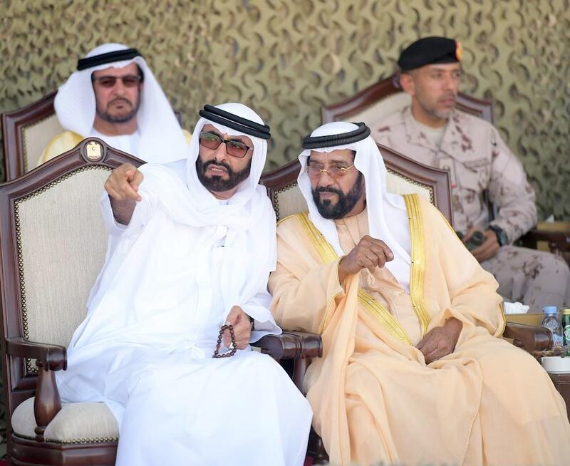 L-R: Mohammed Al Bowardi, Minister of State for Defence Affairs, and Sheikh Tahnoun bin Mohammed, Ruler’s Representative in the Eastern Region, attend the graduation ceremony of the 33rd batch of university graduate officers at the Zayed II Military College in Al Ain on Tuesday.