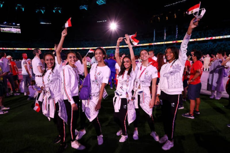 Members of Team Egypt during the Closing Ceremony of the Tokyo 2020 Olympic Games at Olympic Stadium in Tokyo, Japan