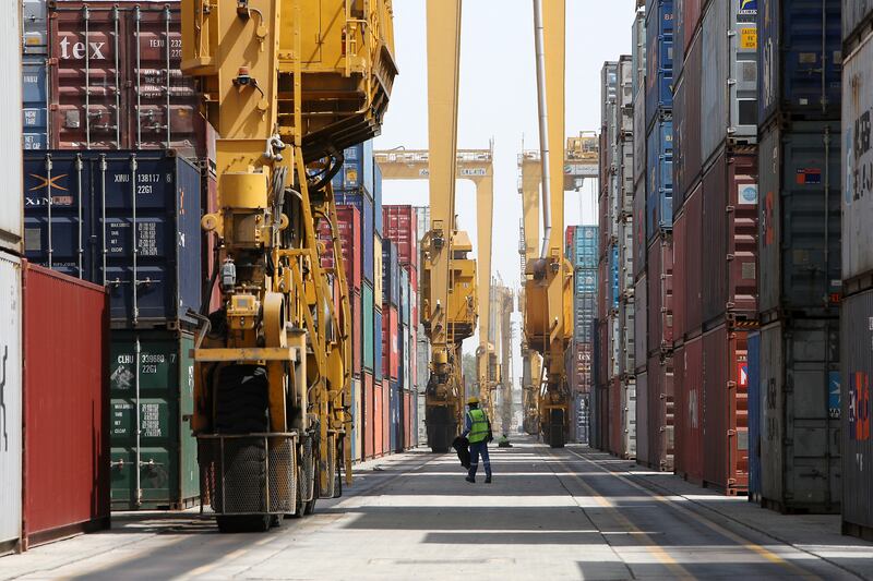 
DUBAI , UNITED ARAB EMIRATES – Oct 06 : Cargo containers at the Terminal 1 in Jebel Ali port in Dubai. ( Pawan Singh / The National ) For Business. Story by Frank Kane
