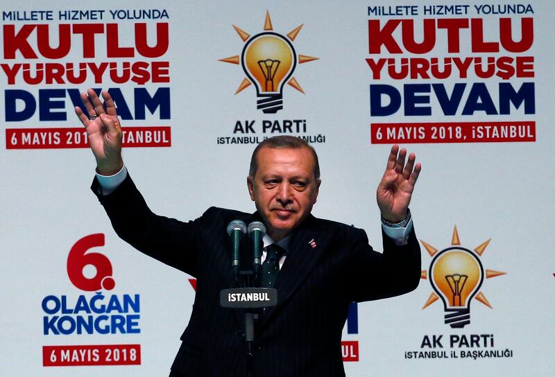 Turkey's President Recep Tayyip Erdogan, waves to supporters prior to his speech to present his alliance's election strategy in Istanbul, Sunday, May 6, 2018. Turkey holds parliamentary and presidential elections on June 24, 2018, seen as important as it will transform Turkey's governing system to an executive presidency. (AP Photo/Lefteris Pitarakis)