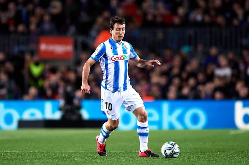 BARCELONA, SPAIN - MARCH 07: Mikel Oyarzabal of Real Sociedad conducts the ball during the Liga match between FC Barcelona and Real Sociedad at Camp Nou on March 07, 2020 in Barcelona, Spain. (Photo by Alex Caparros/Getty Images)
