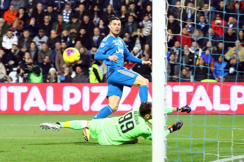 Ronaldo beats Spal goakeeper Etrit Berisha to score, but this effort was disallowed by referee after checking VAR. AP