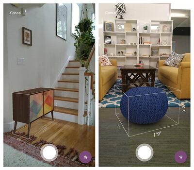 This photo provided by Wayfair shows screenshots demonstrating WayfairView for Tango-enabled Android phones, allowing a user to superimpose virtual images over real-life settings. The app allows shoppers to see how furniture will look in their living room or other space before buying it. (Wayfair Inc. via AP)