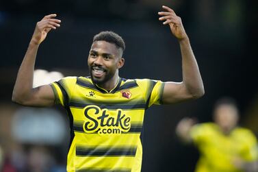 Watford's Emmanuel Dennis celebrates after Watford's Joshua King scoring his side's opening goal during the English Premier League soccer match between Watford and Manchester United at Vicarage Road, Watford, England, Saturday, Nov.  20, 2021.  (AP Photo / Frank Augstein)