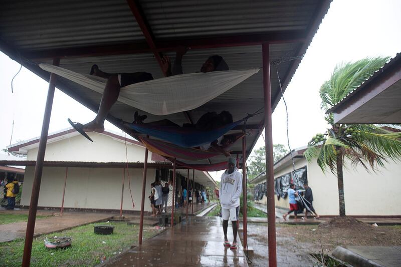 People rest in hammocks at a school being used as a shelter as Hurricane Iota approaches Puerto Cabezas, Nicaragua. Reuters