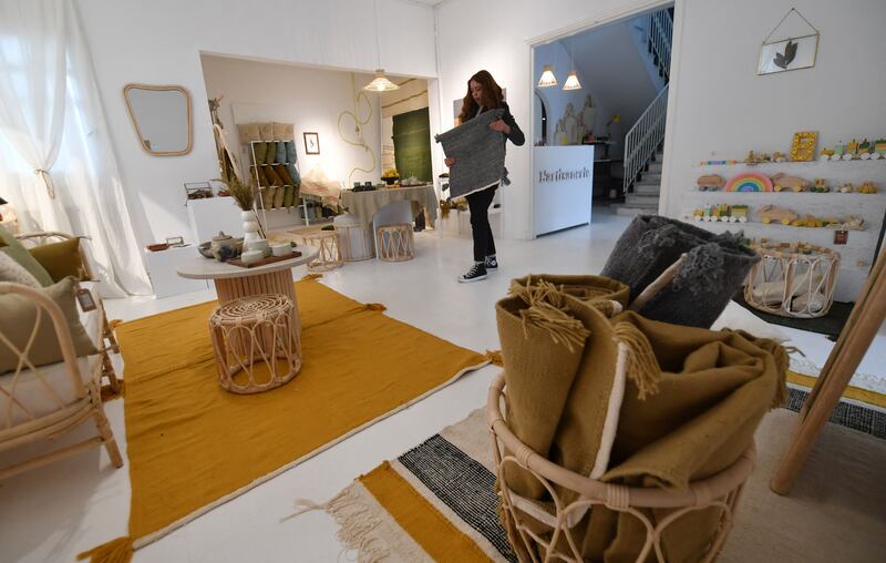 A shop in Tunis displays rugs made by the weavers in Nefta as part of the Shanti project.