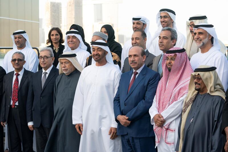 ABU DHABI, UNITED ARAB EMIRATES - January 21, 2019: HH Sheikh Mohamed bin Zayed Al Nahyan, Crown Prince of Abu Dhabi and Deputy Supreme Commander of the UAE Armed Forces (1st row 3rd R), stands for a photograph with members of Emirates Writers Union, during a Sea Palace barza. 

( Mohamed Al Hammadi / Ministry of Presidential Affairs )
---