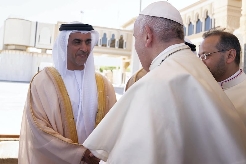 ABU DHABI, UNITED ARAB EMIRATES - February 05, 2019: Day three of the UAE Papal visit - HH Lt General Sheikh Saif bin Zayed Al Nahyan, UAE Deputy Prime Minister and Minister of Interior (L), bids farewell to His Holiness Pope Francis, Head of the Catholic Church (R), at the Presidential Airport. 


( Mohamed Al Hammadi / Ministry of Presidential Affairs )
---