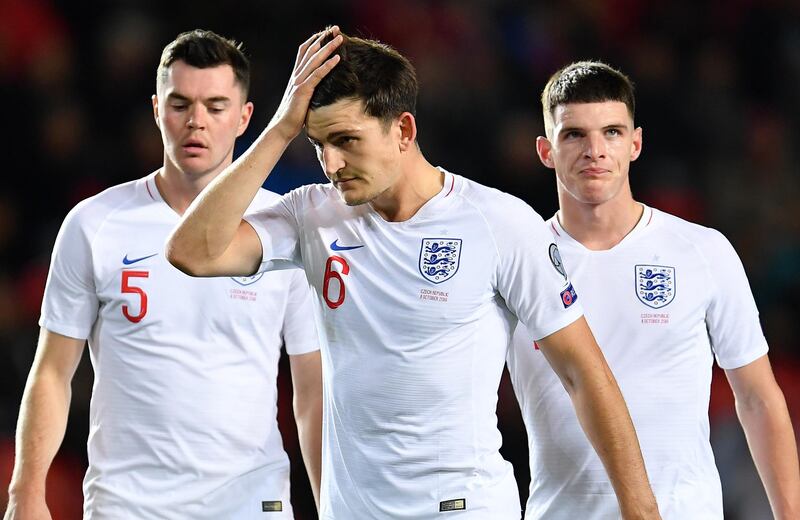 Michael Keane, Harry Maguire and Declan Rice of England look dejected during the UEFA Euro 2020 qualifier between Czech Republic and England at Sinobo Stadium in Prague, Czech Republic. Getty Images