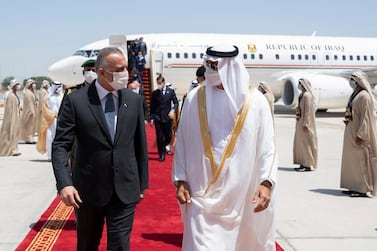 Sheikh Mohamed bin Zayed, Crown Prince of Abu Dhabi and Deputy Supreme Commander of the UAE Armed Forces, welcomes Iraq's Prime Minister Mustafa Al Kadhimi upon his arrival in Abu Dhabi, UAE. The Emirates pledged $3bn of investment commitments to Iraq. AFP