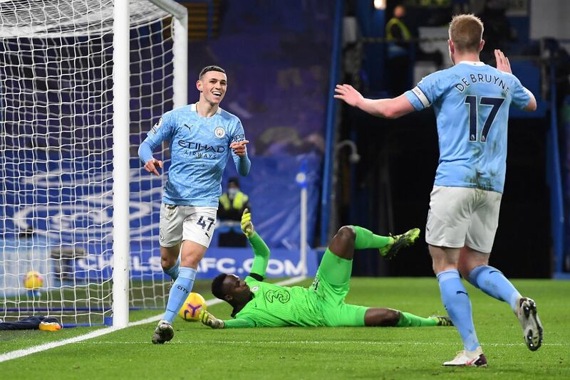 Phil Foden celebrates scoring Manchester City's second goal. Reuters