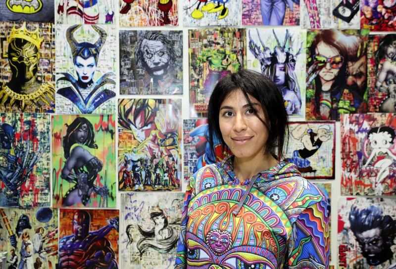Dubai, United Arab Emirates - April 11, 2019: Artist Leyla Ghobadi with her work at the Middle East Film and Comic Con. Thursday the 11th of April 2019. World Trade Centre, Dubai. Chris Whiteoak / The National