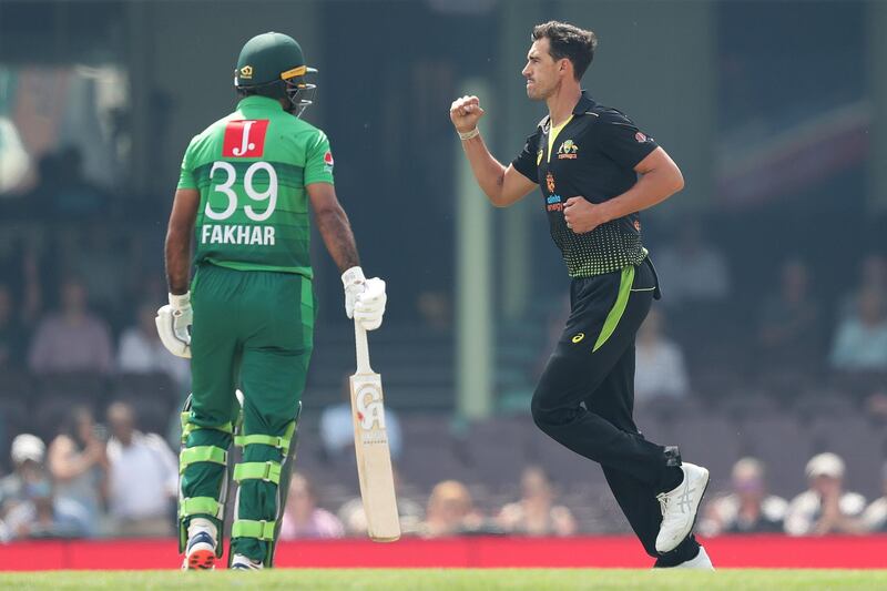 SYDNEY, AUSTRALIA - NOVEMBER 03: Mitchell Starc of Australia celebrates taking the wicket of Fakhar Zaman of Pakistan during game one of the International Twenty20 series between Australia and Pakistan at Sydney Cricket Ground on November 03, 2019 in Sydney, Australia. (Photo by Mark Metcalfe/Getty Images)