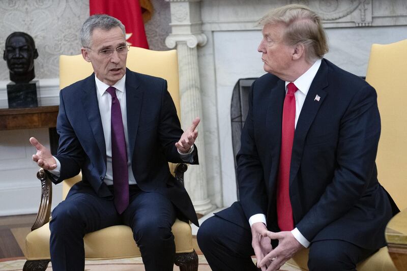 Jens Stoltenberg, secretary general of the North Atlantic Treaty Organization (NATO), left, speaks while U.S. President Donald Trump listens in the Oval Office of the White House in Washington, D.C., U.S., on Tuesday, April 2, 2019. Trump said Tuesday that NATO allies have made progress toward meeting his demands to increase their defense spending. Photographer: Ron Sachs/Pool via Bloomberg