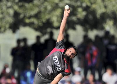 Dubai, United Arab Emirates - January 31, 2019: UAE's Imran Haider bowls in the the match between the UAE and Nepal in an international T20 series. Thursday, January 31st, 2019 at ICC, Dubai. Chris Whiteoak/The National