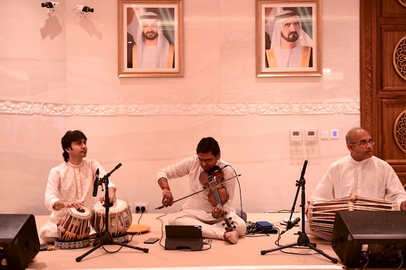 A musical ensemble  at the official October opening of the new Hindu temple in Jebel Ali, Dubai. Khushnum Bhandari / The National 