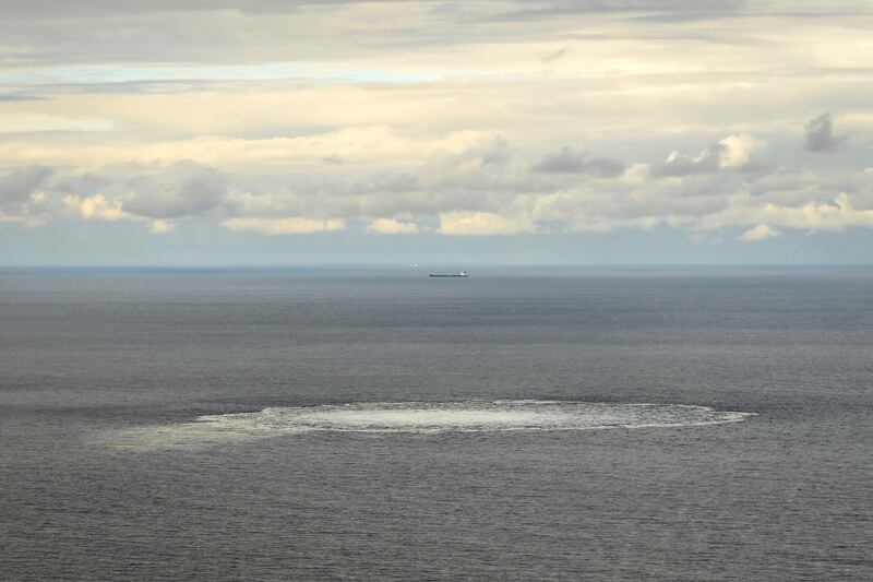 Bubbling water above one of the gas leaks in the Baltic Sea on September 29.  Armed Forces of Denmark / AP
