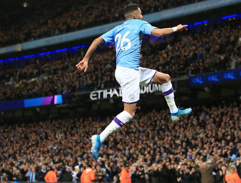 Manchester City's Riyad Mahrez celebrates after scoring a goal. EPA