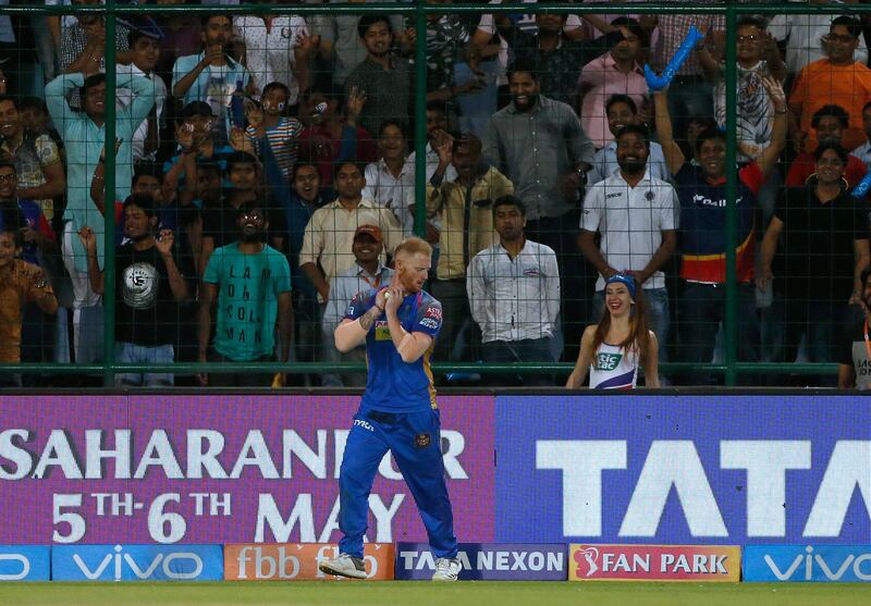 Rajasthan Royals' Ben Stokes takes a catch to dismiss Delhi Daredevils' Rishabh Pant during VIVO IPL cricket T20 match in New Delhi, India, Wednesday, May 2, 2018. (AP Photo/Altaf Qadri)