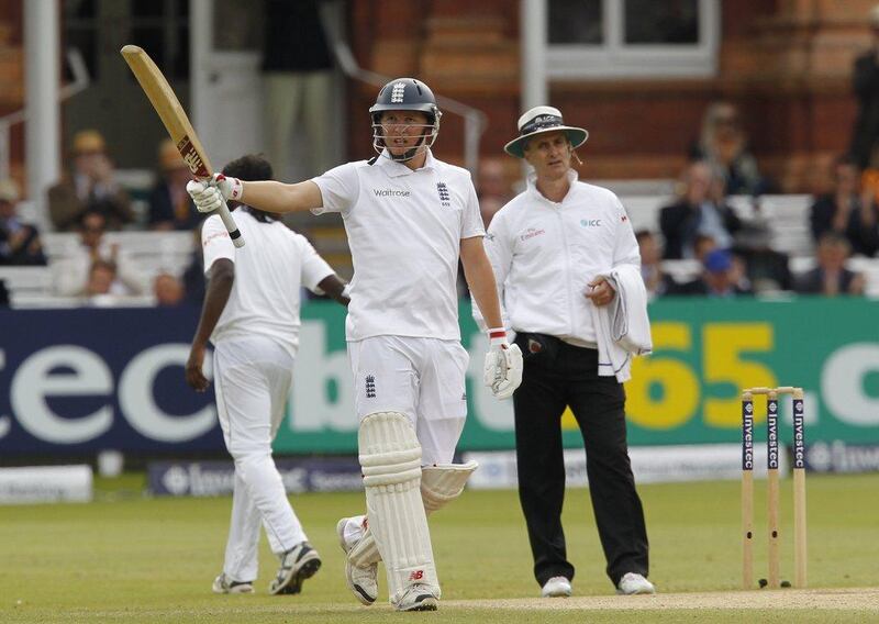 England’s Gary Ballance acknowledges the crowd after reaching 50 runs during play on the fourth day of the first Test match against Sri Lanka at Lord's on Sunday. Ian Kington / AFP / June 15, 2014