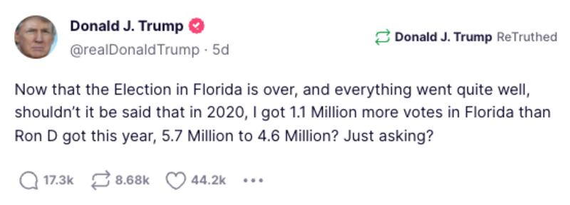Mr Trump suggests he would perform better than Ron DeSantis. Photo: Screengrab from Truth Social