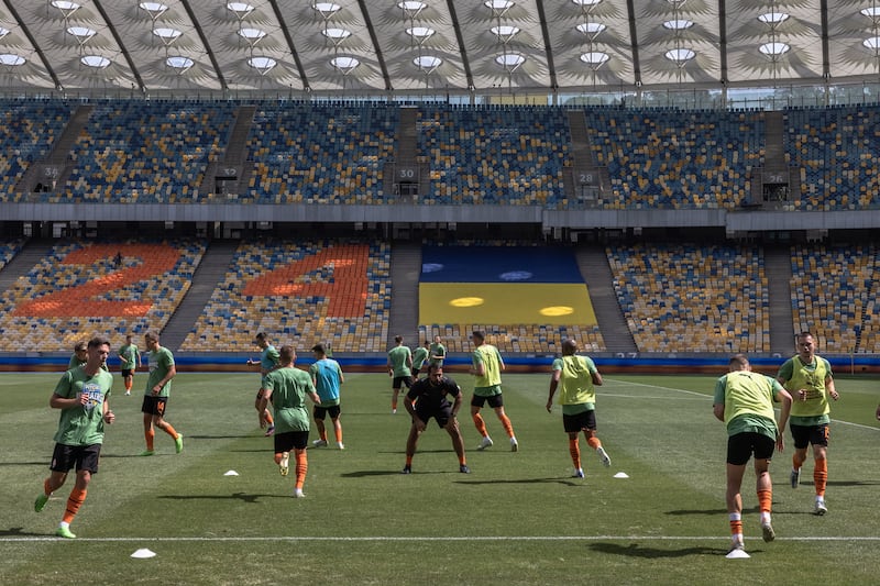 Players of Shakhtar Donetsk warm up before the opening match of the new season of Ukrainian Premier League in Kyiv. EPA