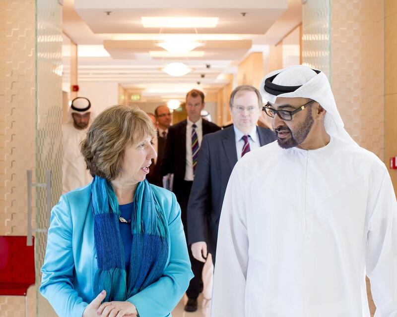 Crown Prince receives Baroness Catherine Ashton, High Representative of the Union for Foreign Affairs and Security Policy for the European Union and Vice-President of the European Commission, left, before a meeting at Al Mamoura in Abu Dhabi. Ryan Carter / Crown Prince Court — Abu Dhabi 