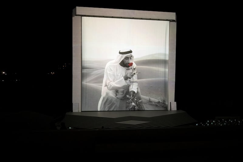 ABU DHABI, UNITED ARAB EMIRATES - February 26, 2018: A photograph of HH Sheikh Zayed bin Sultan bin Zayed Al Nahyan, President of the United Arab Emirates is displayed during the inauguration of The Founder's Memorial.

(  Hamad Al Mansoori for The Crown Prince Court - Abu Dhabi )
---