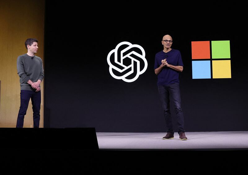 Microsoft chief executive Satya Nadella and Sam Altman shared the stage at OpenAI DevDay event in San Francisco on November 6. Getty Images